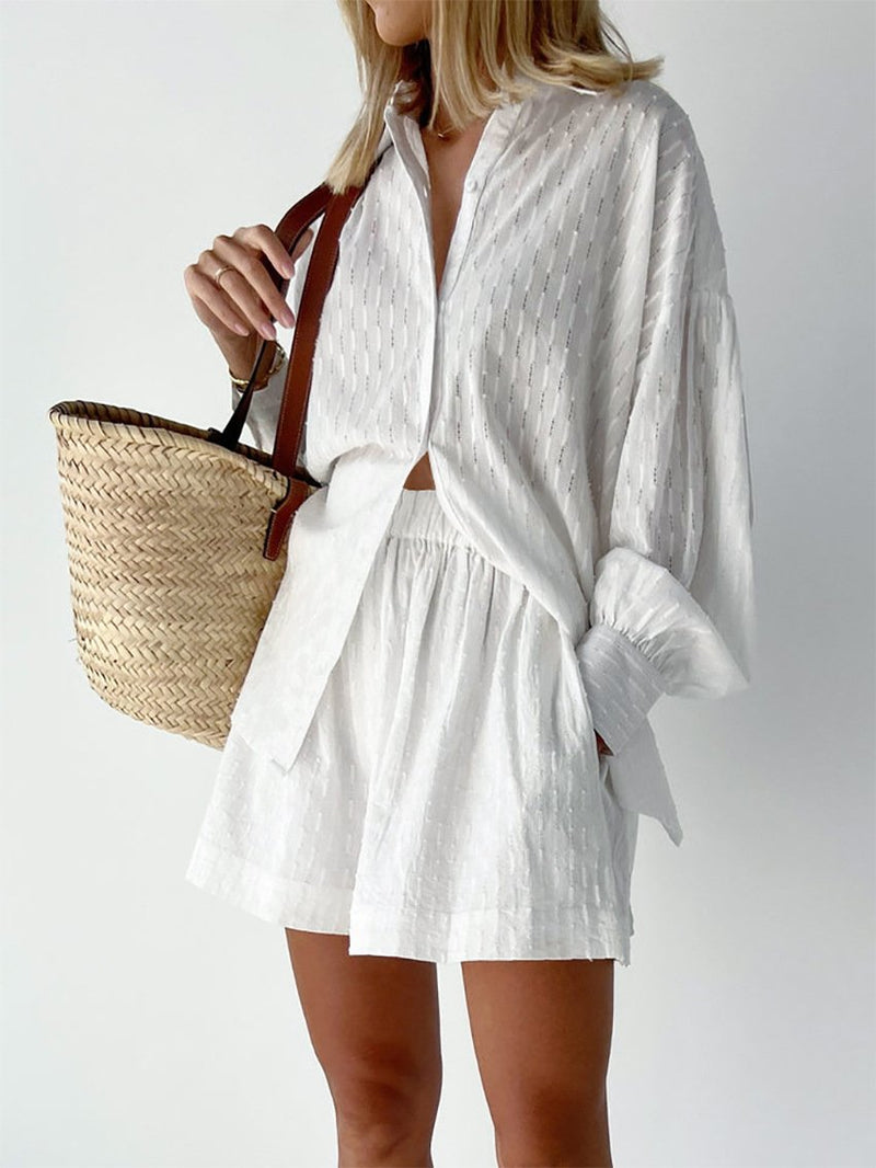 Lavinia White Puff Sleeve Shirt and Shorts Two Piece Set