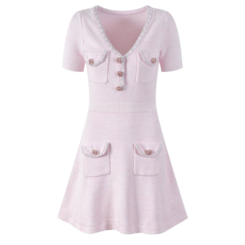 Ottilia Pink Tweed Dress with Crystal Buttons