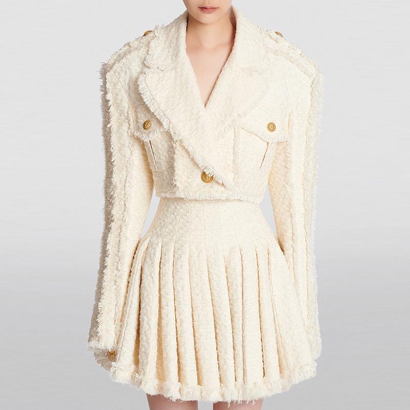Ysabel Beige Tweed Fringe Jacket & Skirt Two Piece Set