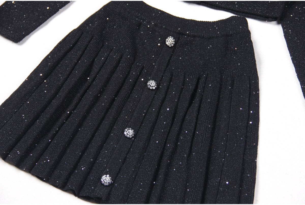 Orla Black Sequin Embroidered Knit Cardigan Skirt Set