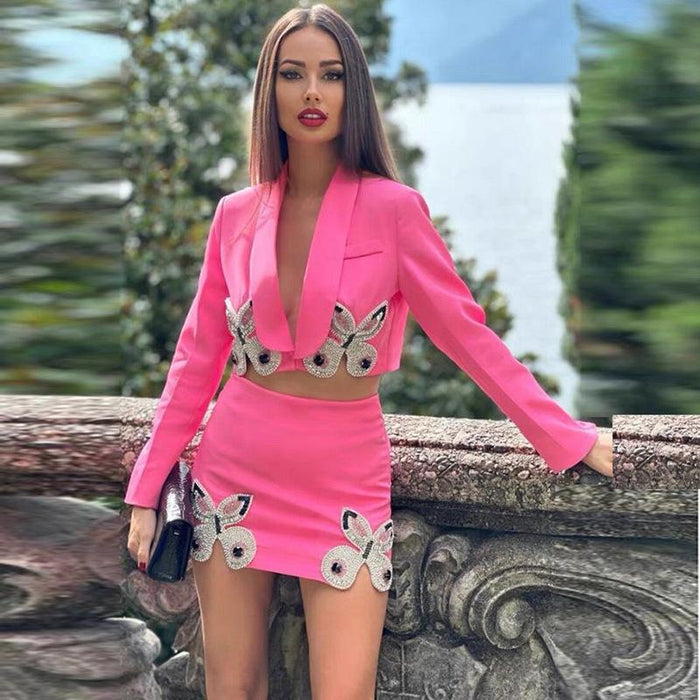 Madeline Pink Crystal Butterfly Black Blazer and Mini Skirt Two Piece Set