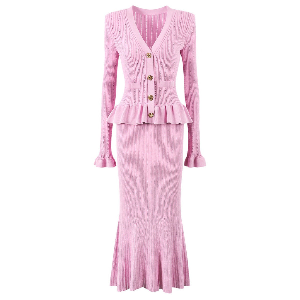 Lacey Ruffle Trim Knit Cardigan and Skirt Set