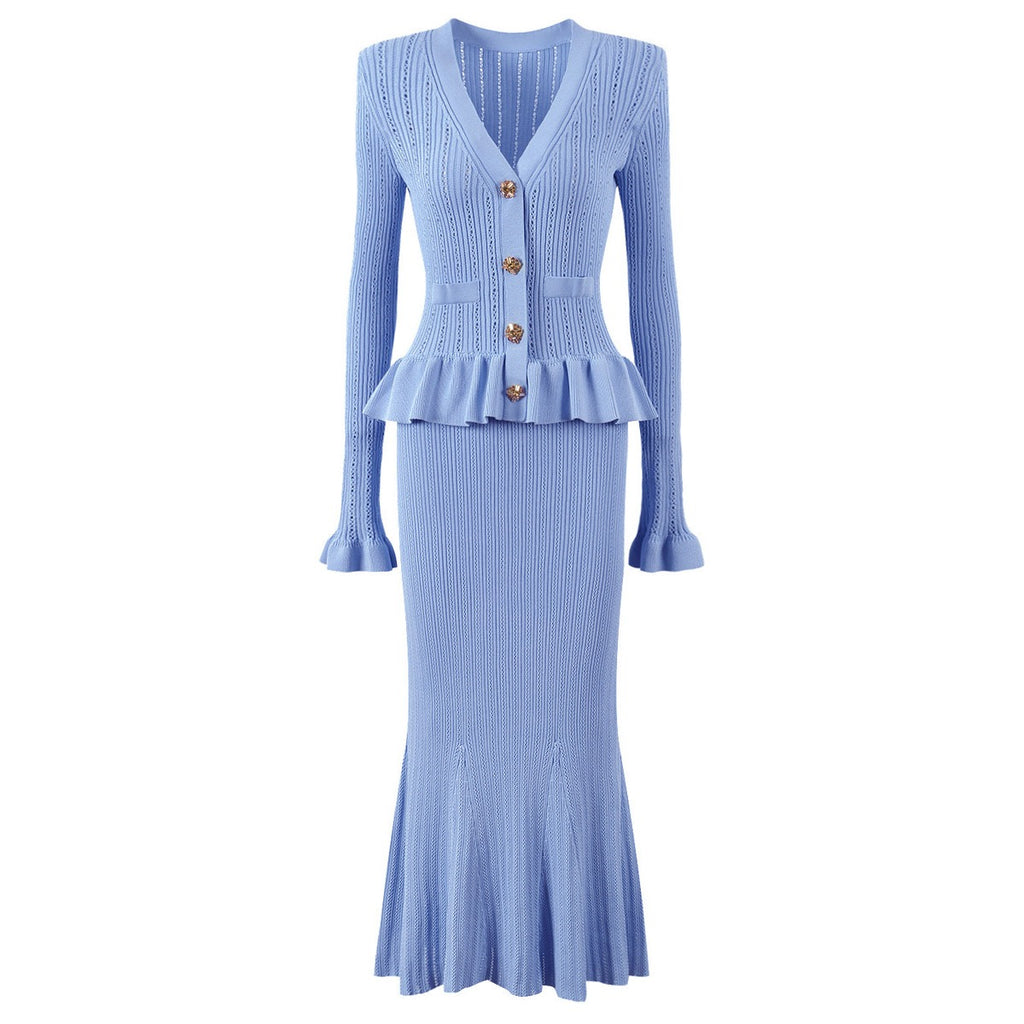 Lacey Ruffle Trim Knit Cardigan and Skirt Set