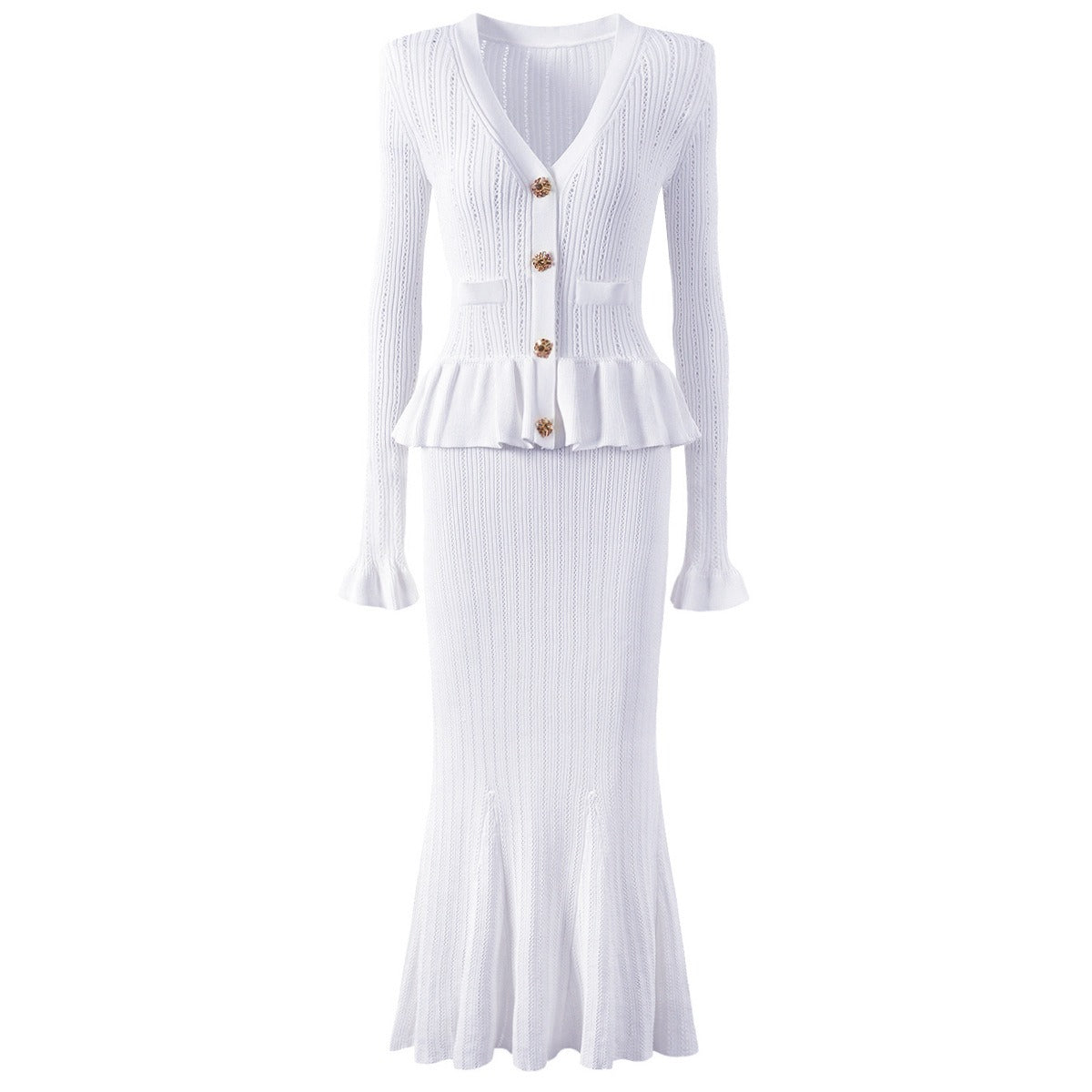 Lacey Ruffle Trim Knit Cardigan and Skirt Set