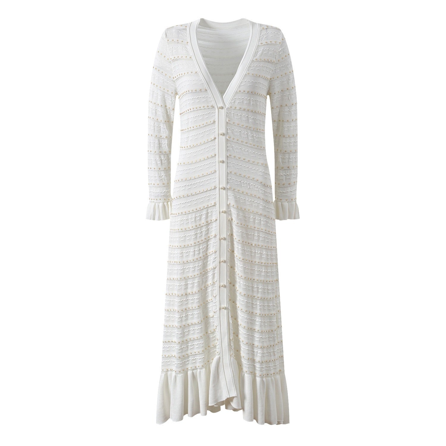Erin White Knit Midi Dress with Flared Sleeves and Pearl Detail - Allara White / S Erin White Knit Midi Dress with Flared Sleeves and Pearl Detail - Allara White / S
