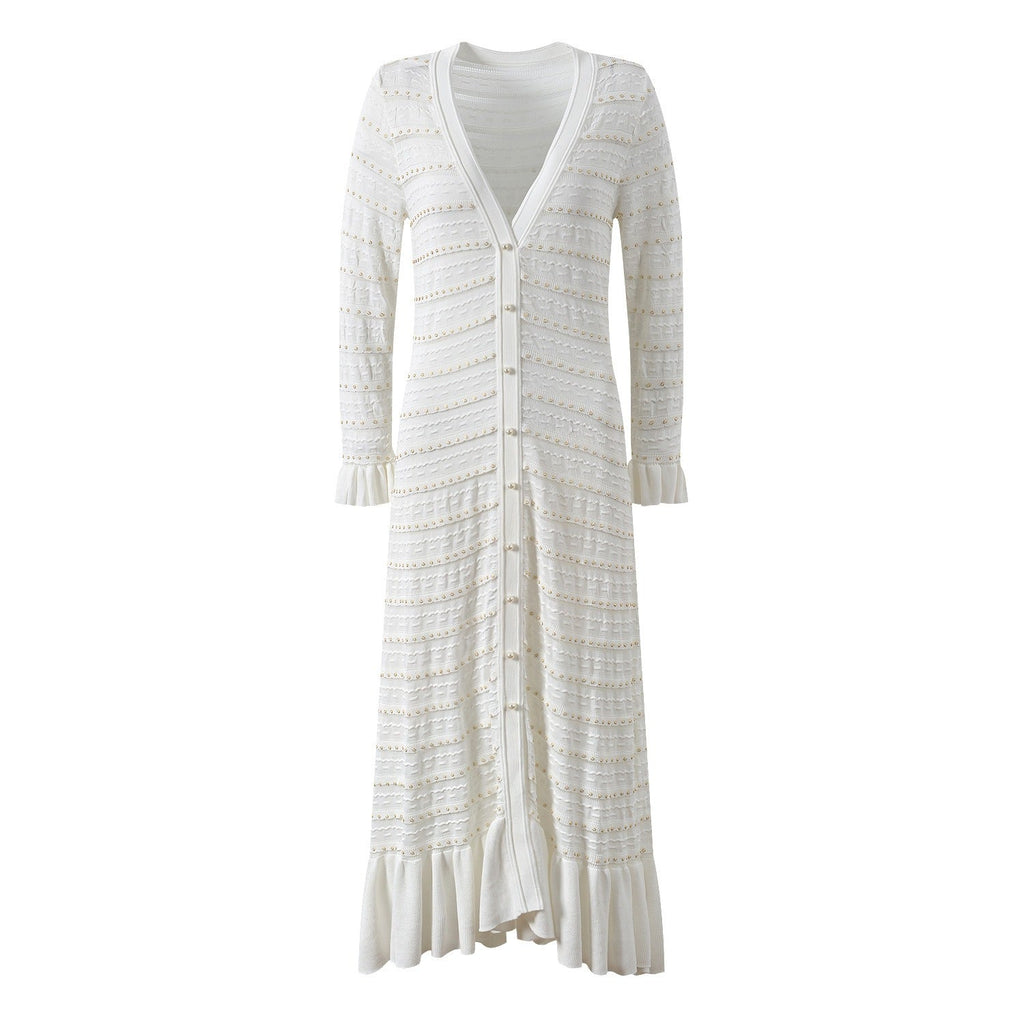 Erin White Knit Midi Dress Pearl Buttons