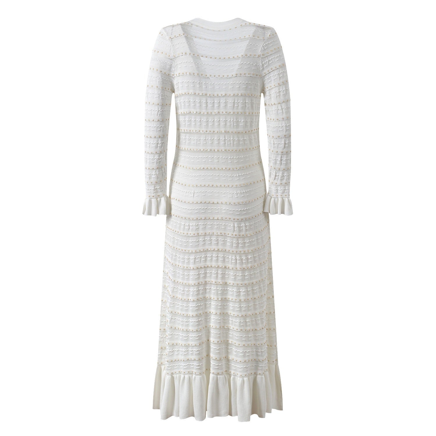 Erin White Knit Midi Dress with Flared Sleeves and Pearl Detail - Allara White / S Erin White Knit Midi Dress with Flared Sleeves and Pearl Detail - Allara White / S