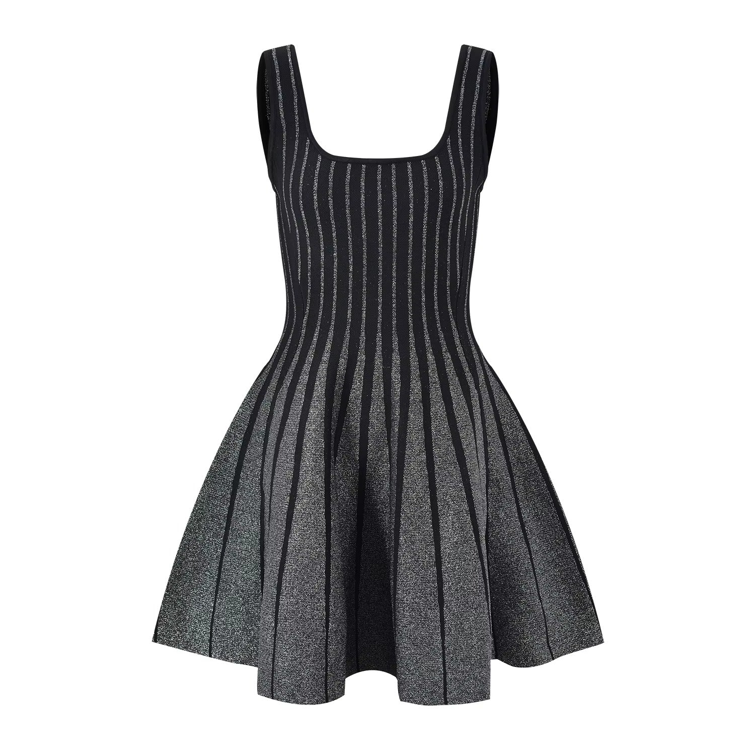 Lauren Black Knit Mini Dress with Silver Striped Flared Skirt - Allara M Lauren Black Knit Mini Dress with Silver Striped Flared Skirt - Allara M