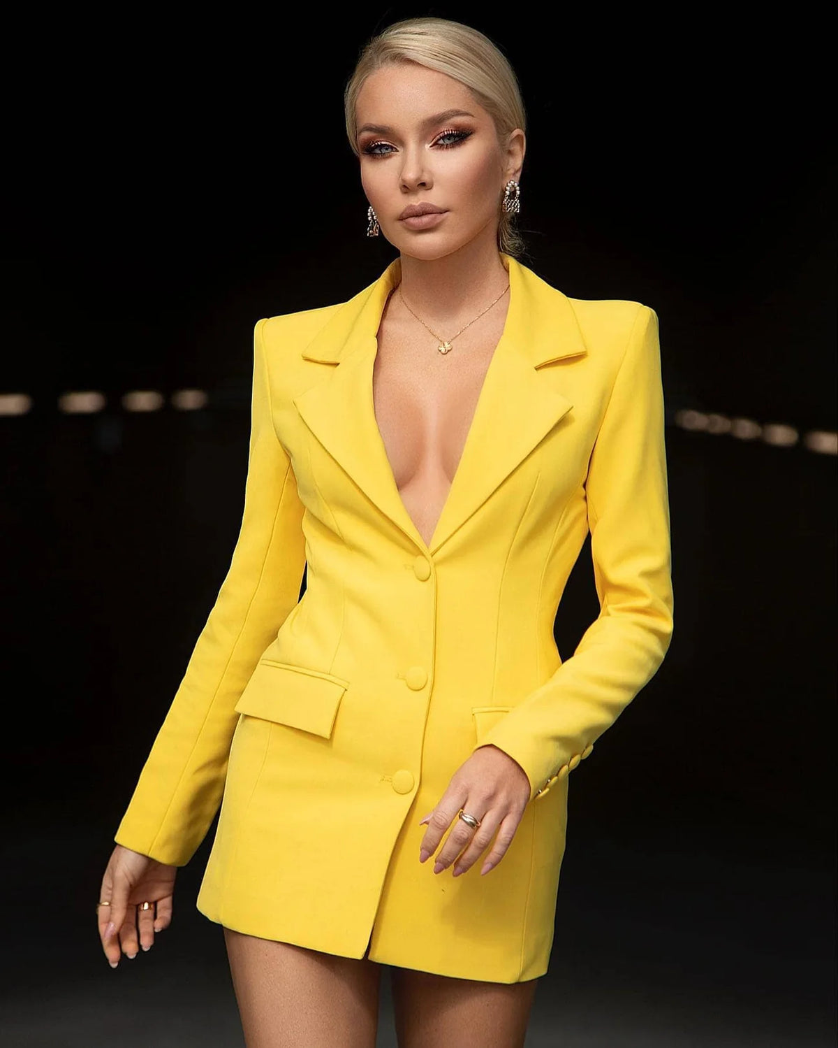 Xiomara Hollow Back Rhinestone Trim Yellow Long Blazer