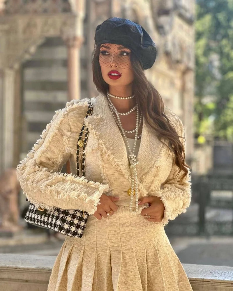 Ysabel Beige Tweed Fringe Jacket & Skirt Two Piece Set