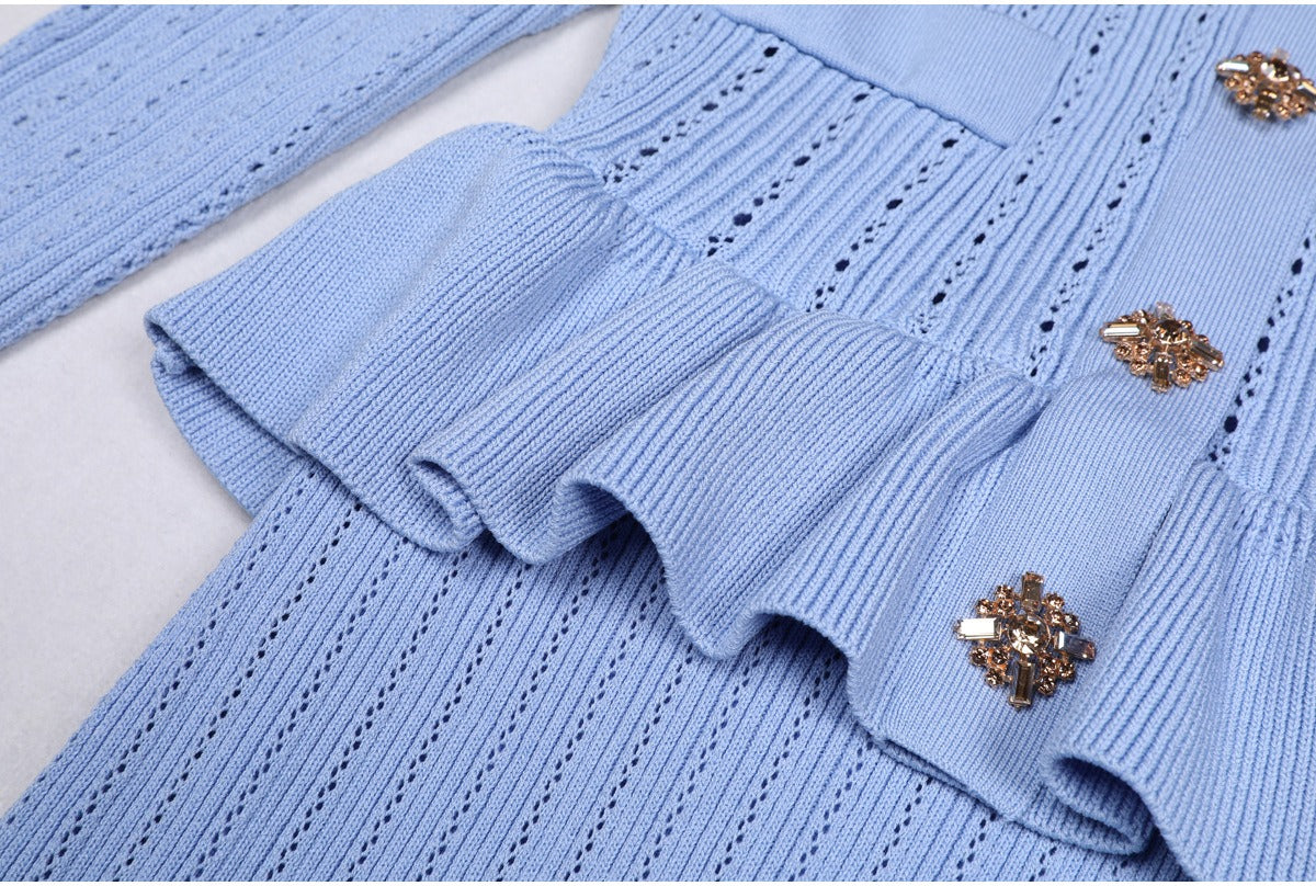 Lacey Ruffle Trim Knit Cardigan and Skirt Set