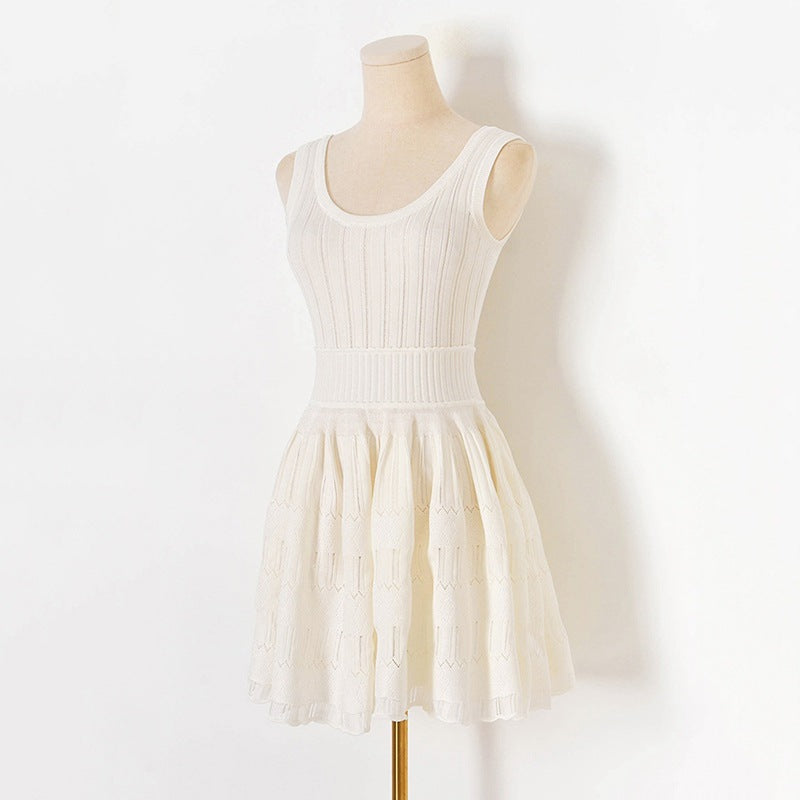 Daria Sleeveless Knit Mini Dress with Deep Neck and Flare Hem - Allara White / L Daria Sleeveless Knit Mini Dress with Deep Neck and Flare Hem - Allara White / L