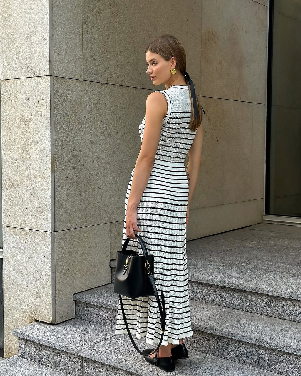 Zora Stripped Button Up Knit Midi Dress