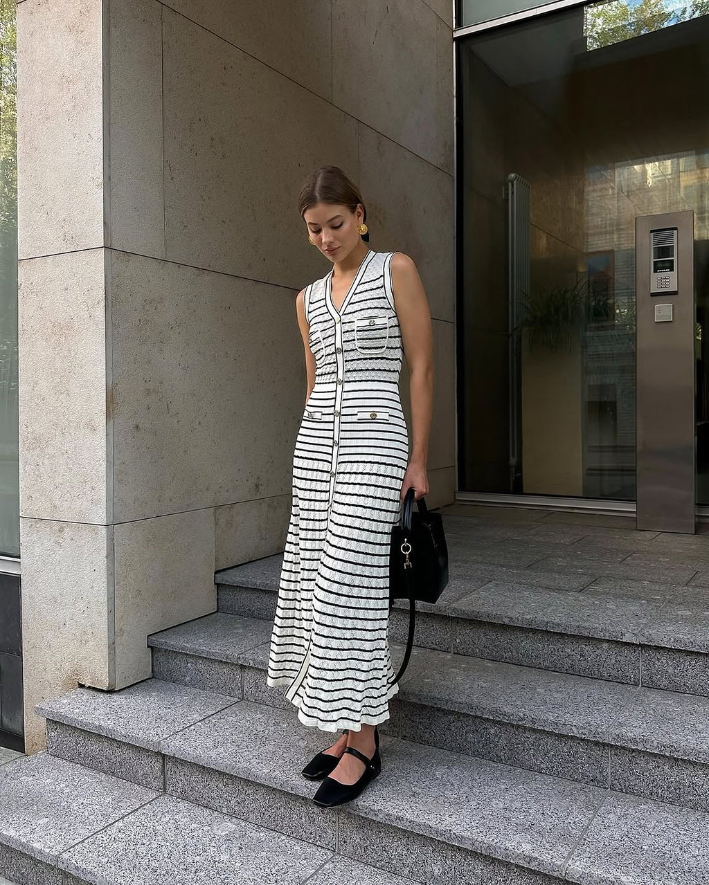 Zora Stripped Button Up Knit Midi Dress