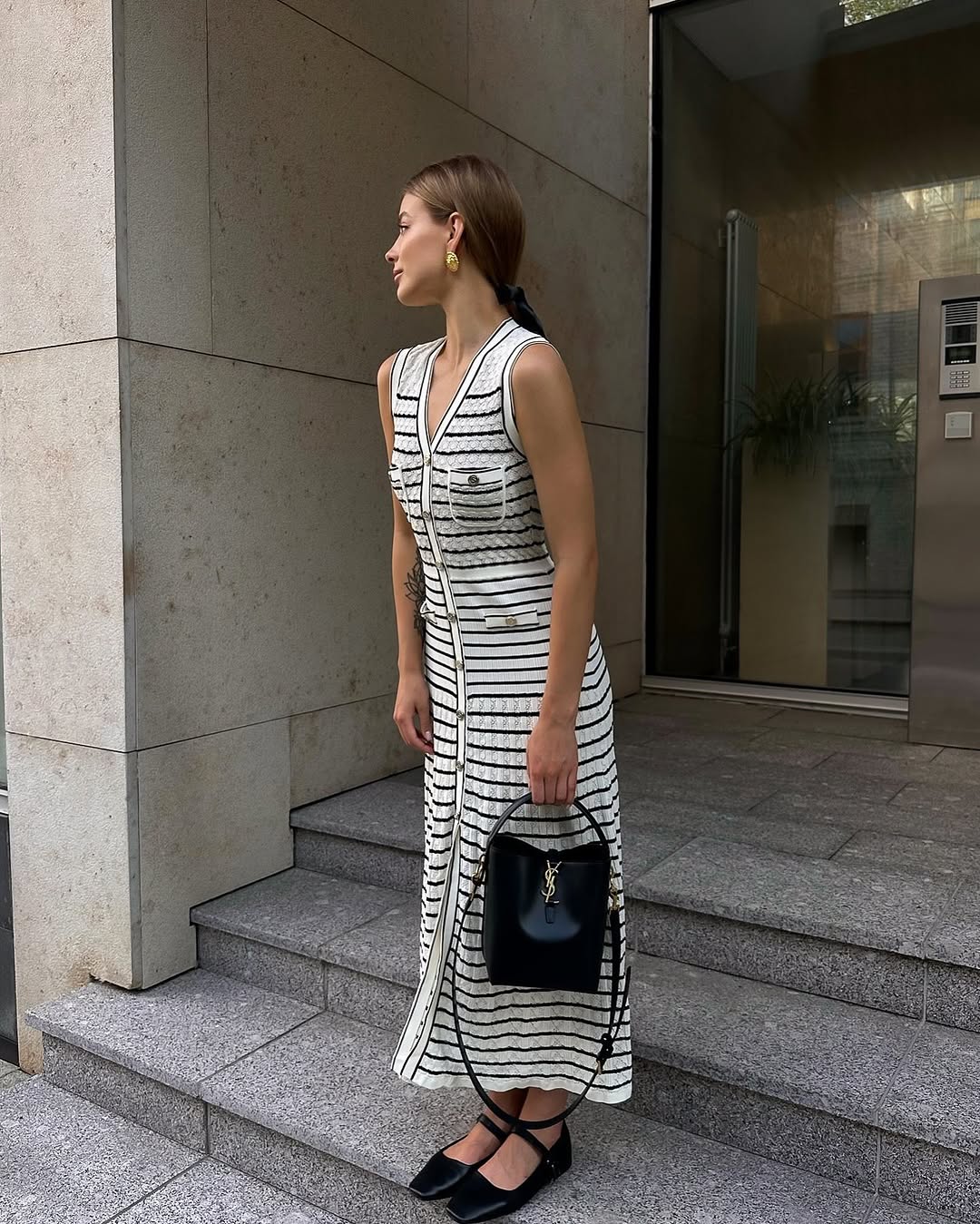 Zora Stripped Button Up Knit Midi Dress