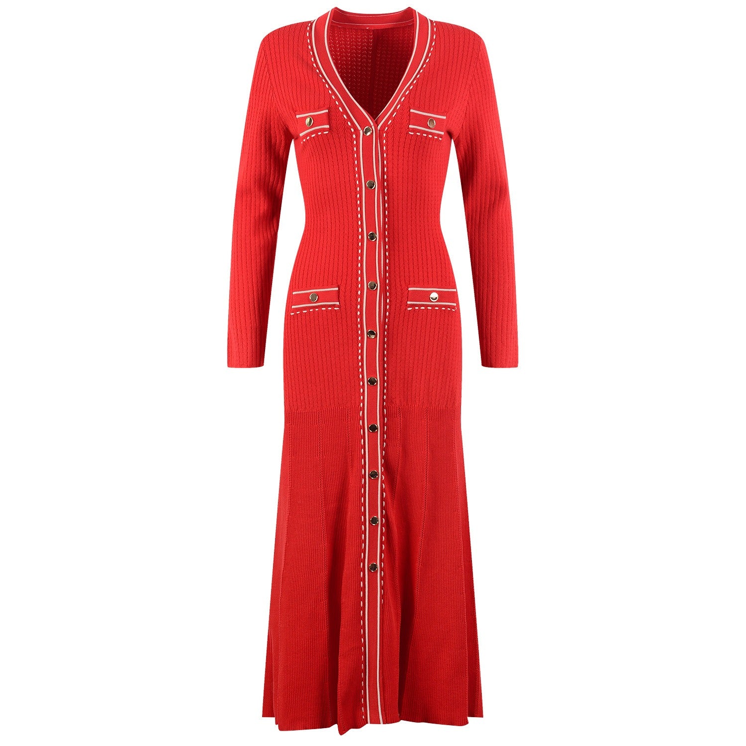 Adriana Red Button Up Knit Midi Dress
