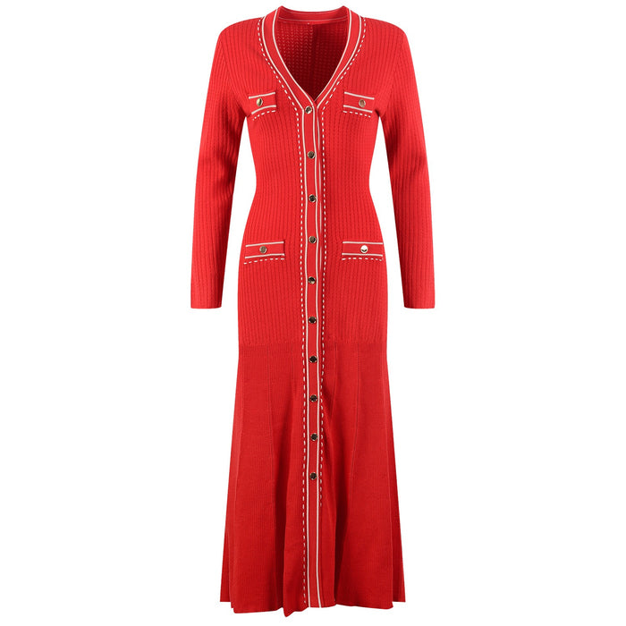 Adriana Button Up V Neck Red Knit Dress