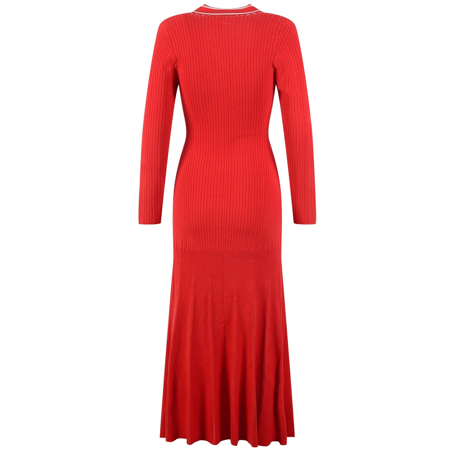 Adriana Red Knit Midi Dress with V-Neck and Contrast Stitching - Allara Red / L Adriana Red Knit Midi Dress with V-Neck and Contrast Stitching - Allara Red / L