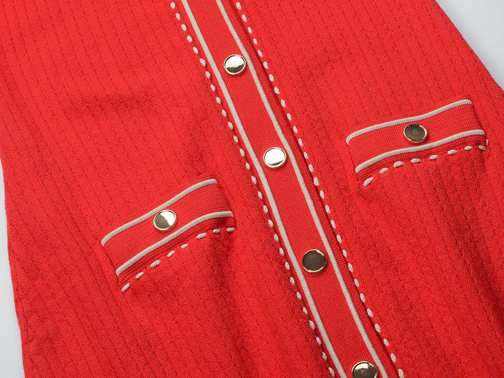 Adriana Red Button Up Knit Midi Dress