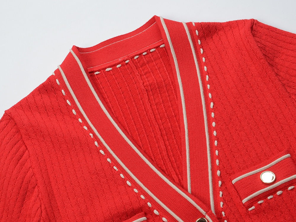 Adriana Red Button Up Knit Midi Dress