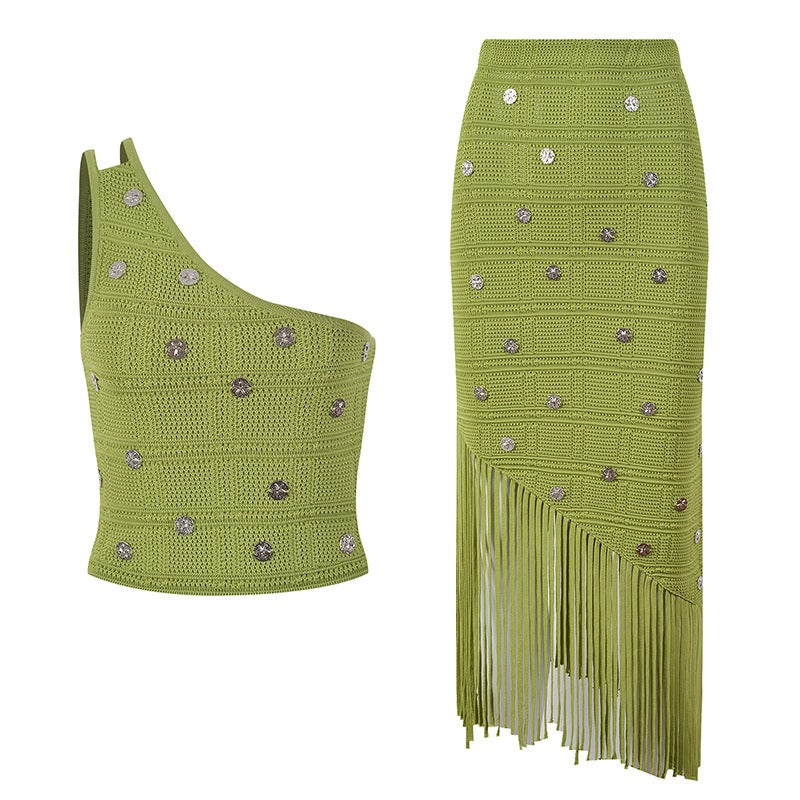 Gina One-Shoulder Knit Top and Skirt Set with Tassel Hem