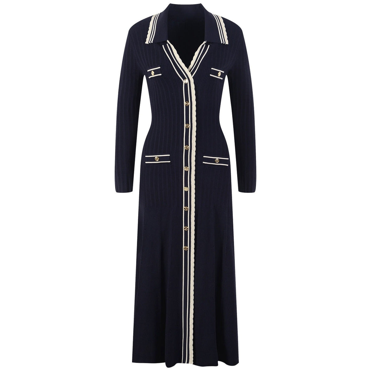 Lucia Knit Midi Dress with Contrast Lapel Collar