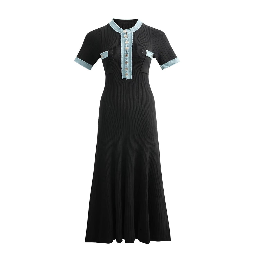 Tika Knit Midi Dress with Denim Trim