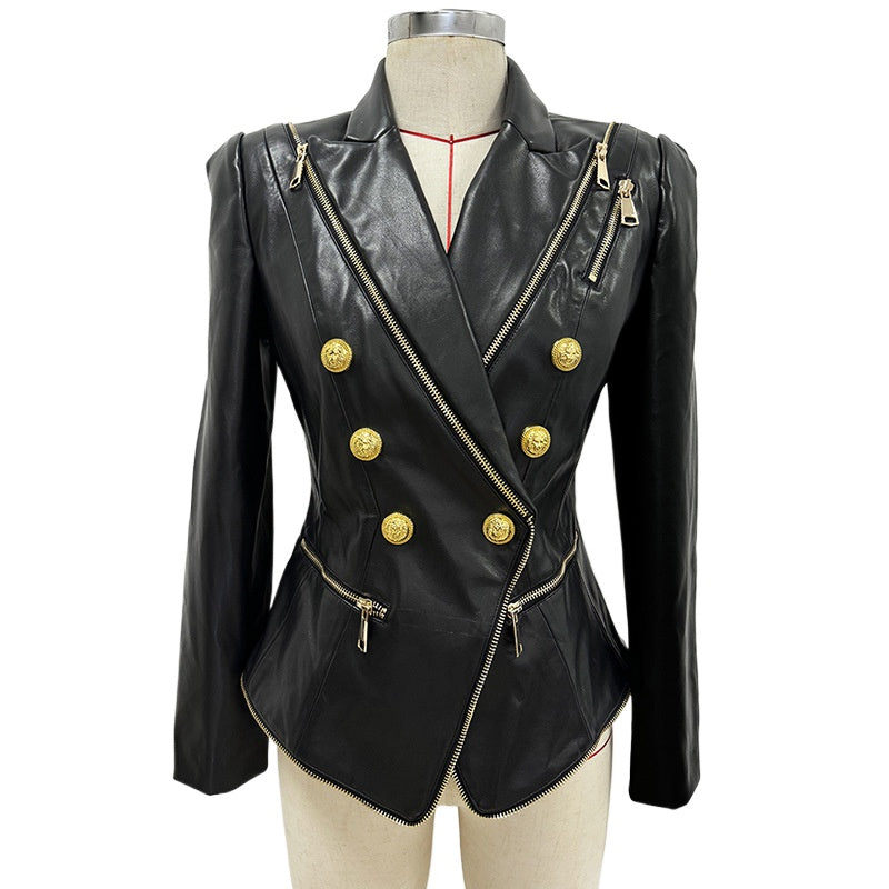 Evelina Black PU Leather Zipper Edge Blazer