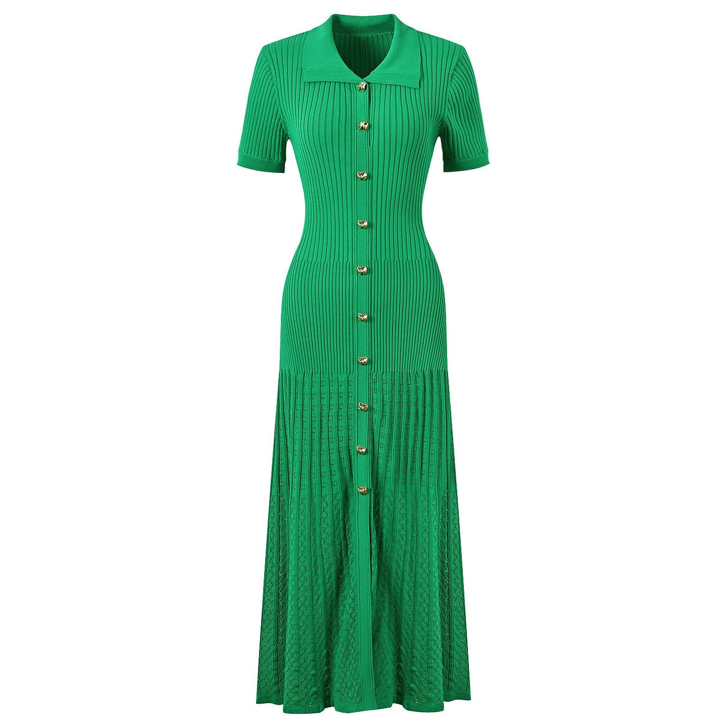 Zariah Knit Midi Dress with Gold Buttons and Short Sleeves - Allara Green / M Zariah Knit Midi Dress with Gold Buttons and Short Sleeves - Allara Green / M