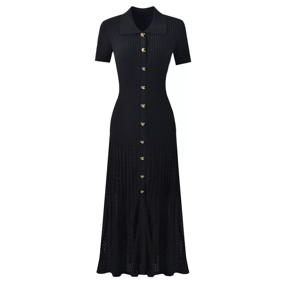Zariah Knit Midi Dress with Gold Buttons and Short Sleeves - Allara ALLARA Zariah Knit Midi Dress with Gold Buttons and Short Sleeves - Allara ALLARA