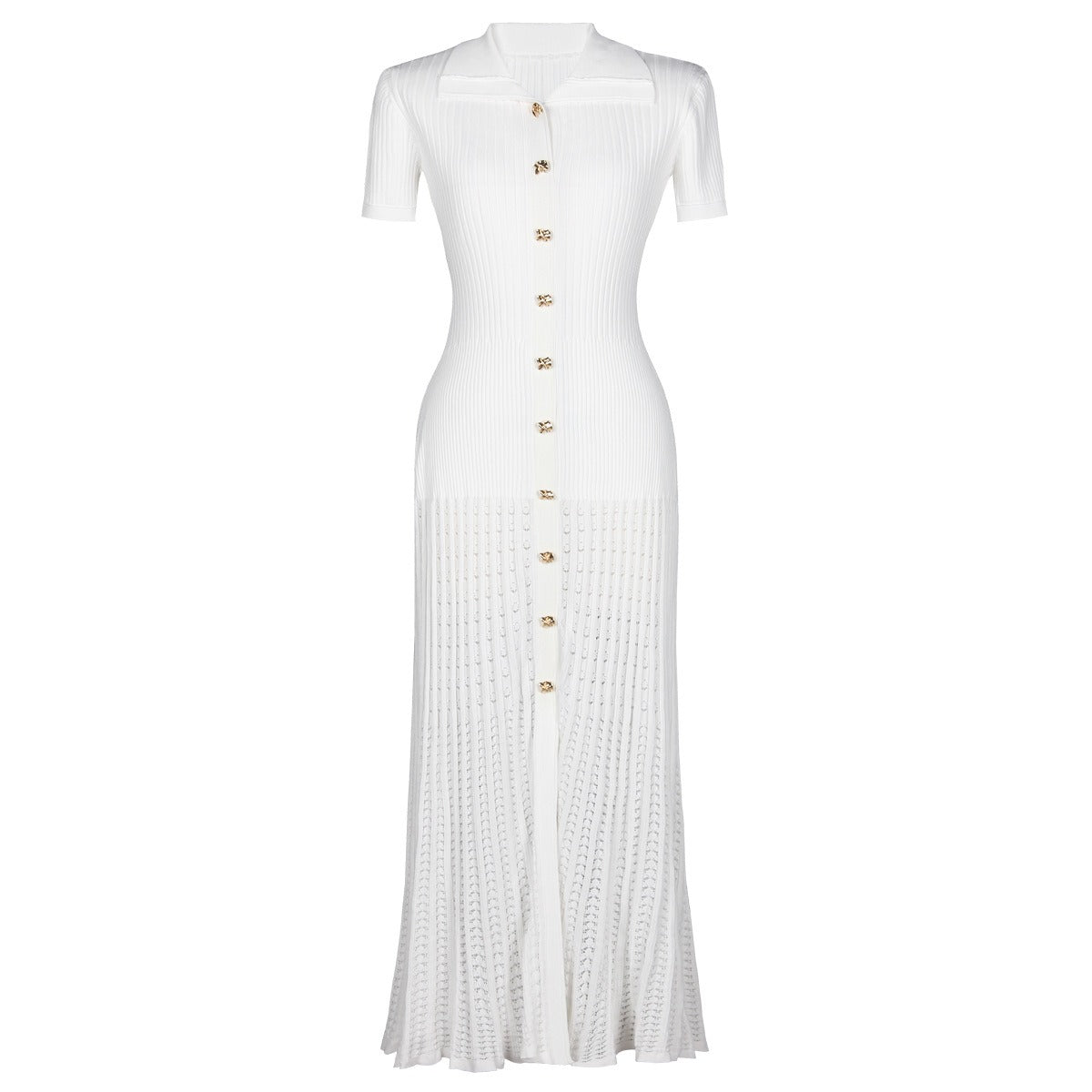 Zariah Knit Midi Dress with Gold Buttons and Short Sleeves - Allara ALLARA Zariah Knit Midi Dress with Gold Buttons and Short Sleeves - Allara ALLARA