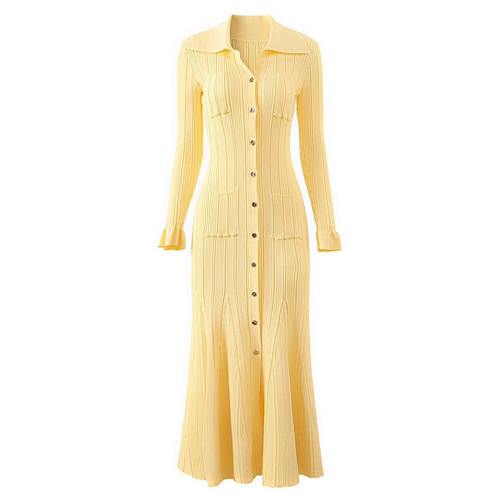 Liza Knit Midi Dress with Turn Down Collar and Flared Sleeves - Allara Yellow / M Liza Knit Midi Dress with Turn Down Collar and Flared Sleeves - Allara Yellow / M
