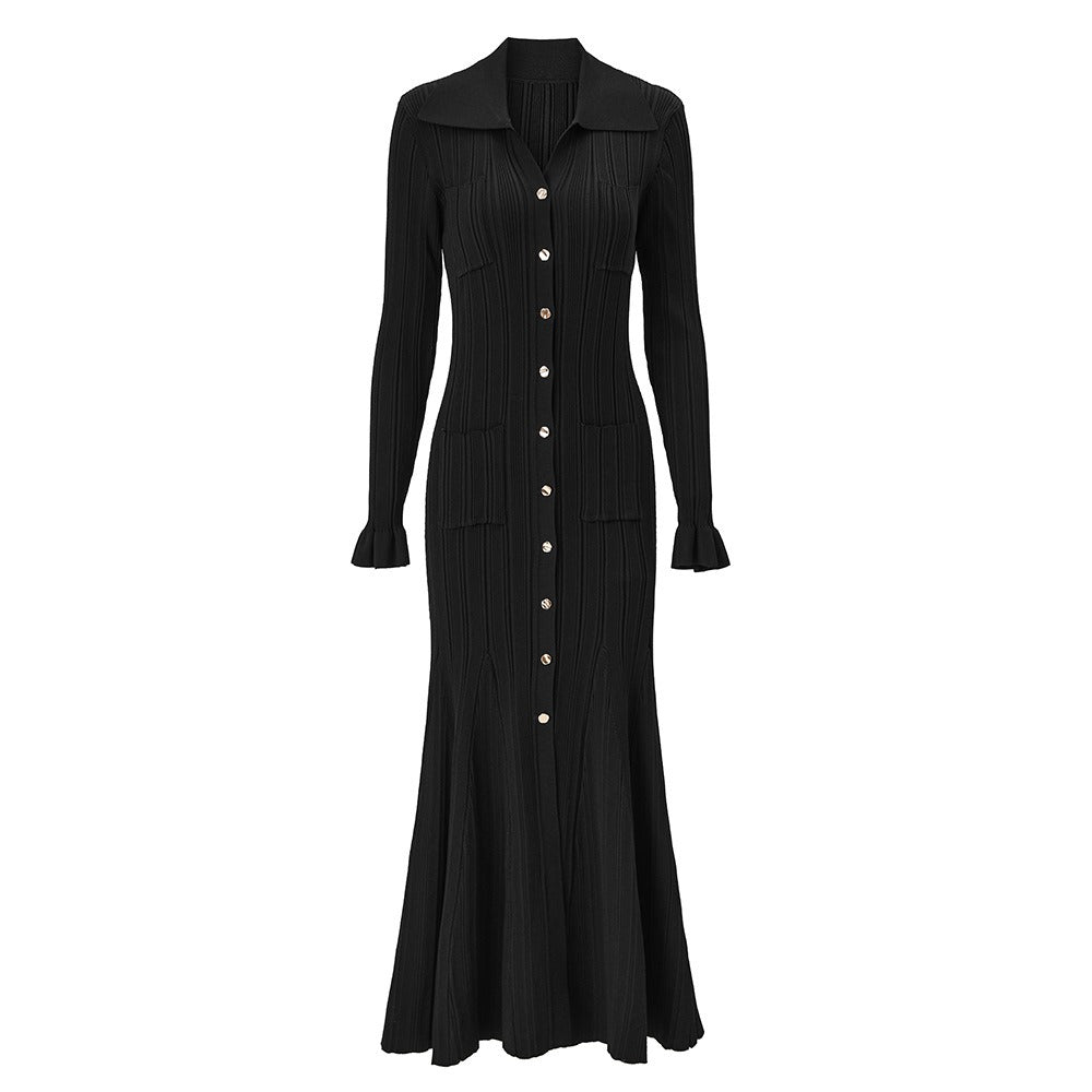 Liza Knit Midi Dress with Turn Down Collar and Flared Sleeves - Allara Black / M Liza Knit Midi Dress with Turn Down Collar and Flared Sleeves - Allara Black / M
