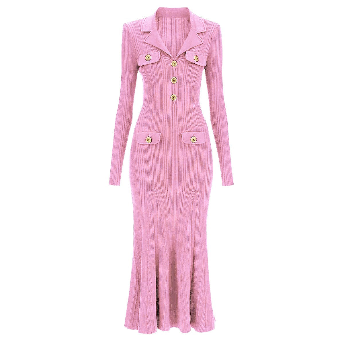 Lola V-Neck Knit Midi Dress with Flared Hem - Pink / S Lola V-Neck Knit Midi Dress with Flared Hem - Pink / S
