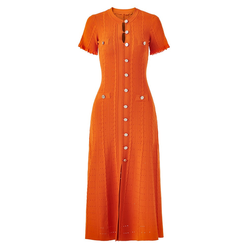 Kalista Jacquard Knit Midi Dress with Flared Sleeves and Buttons - Allara Orange / L Kalista Jacquard Knit Midi Dress with Flared Sleeves and Buttons - Allara Orange / L