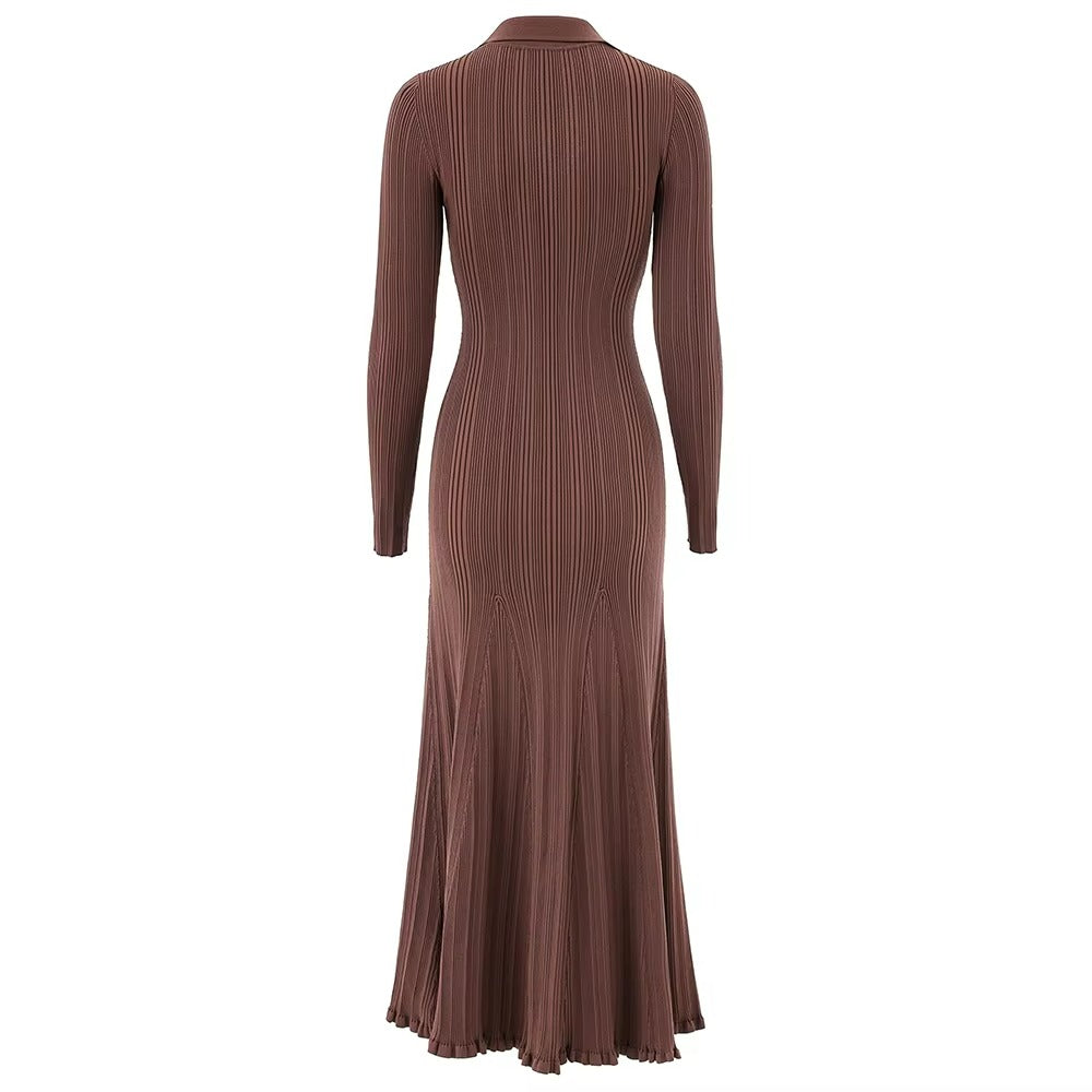 Lola V-Neck Knit Midi Dress with Buckle and Flared Hem - Allara brown / S Lola V-Neck Knit Midi Dress with Buckle and Flared Hem - Allara brown / S