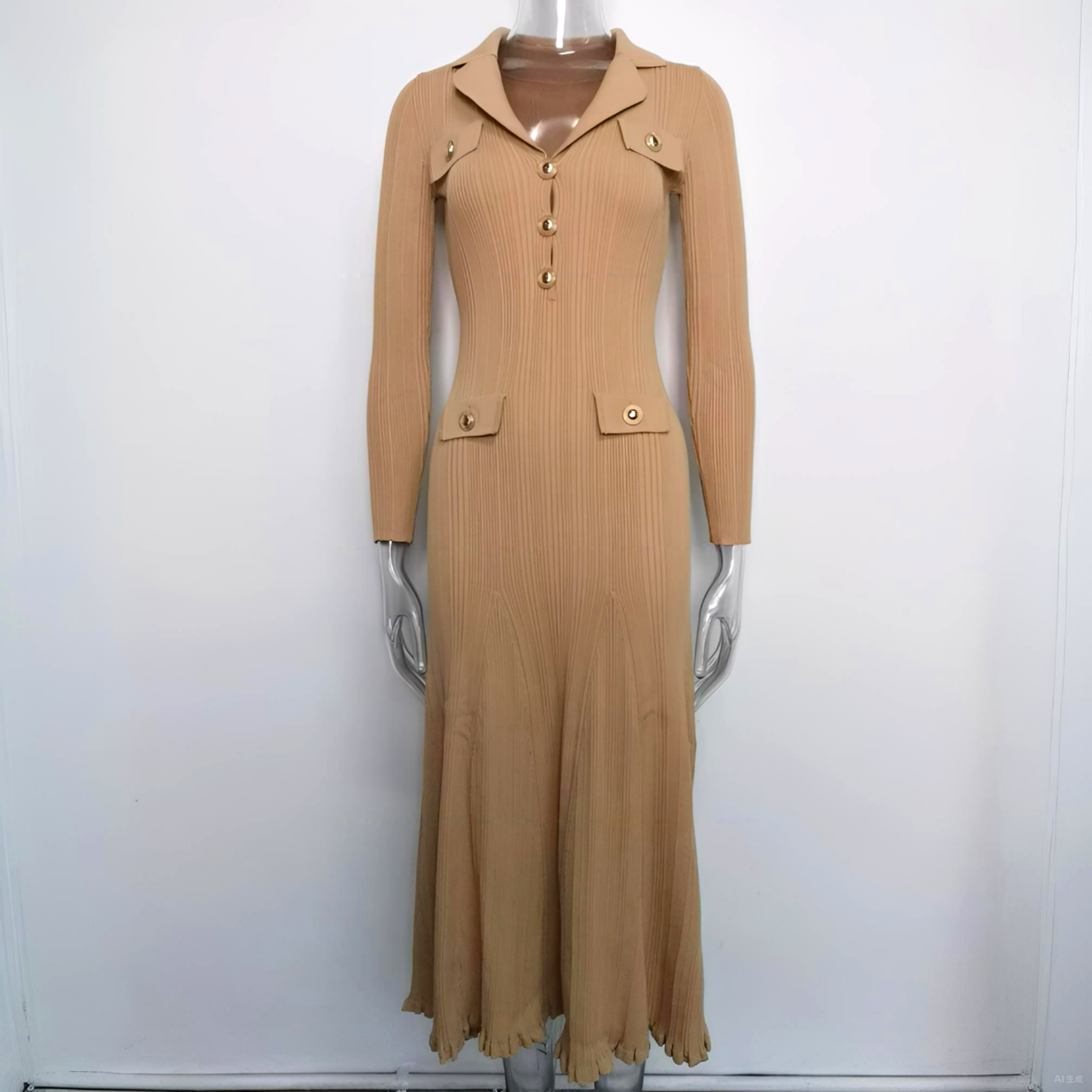 Lola V-Neck Knit Midi Dress with Buckle and Flared Hem - Allara Beige / L Lola V-Neck Knit Midi Dress with Buckle and Flared Hem - Allara Beige / L