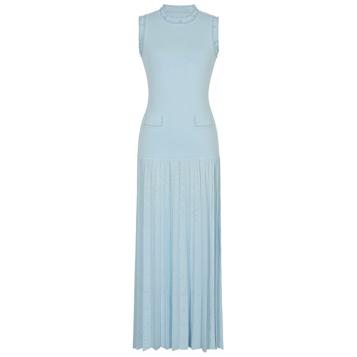 Molly Sleeveless Pearl Round Neck Knit Midi Dress