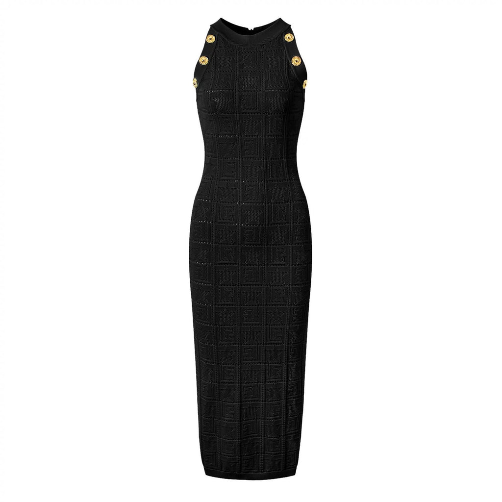 Ember Sleeveless Mesh Knit Midi Dress with Gold Buttons