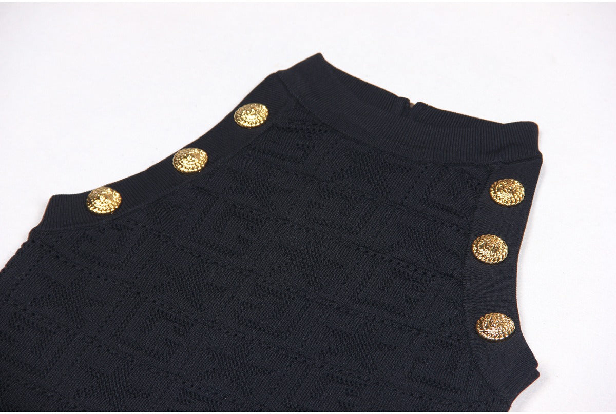 Ember Sleeveless Mesh Knit Midi Dress with Gold Buttons