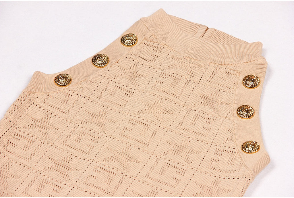 Ember Sleeveless Mesh Knit Midi Dress with Gold Buttons