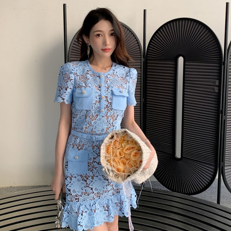 Addison Blue Lace Mini Dress for Women - Allara – ALLARA