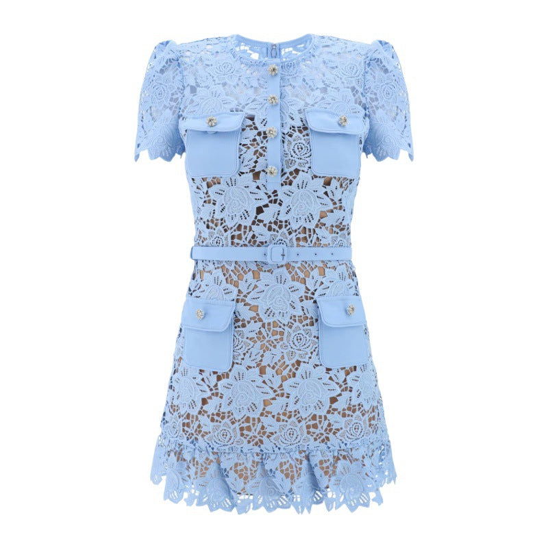 Addison Blue Lace Mini Dress - ALLARA