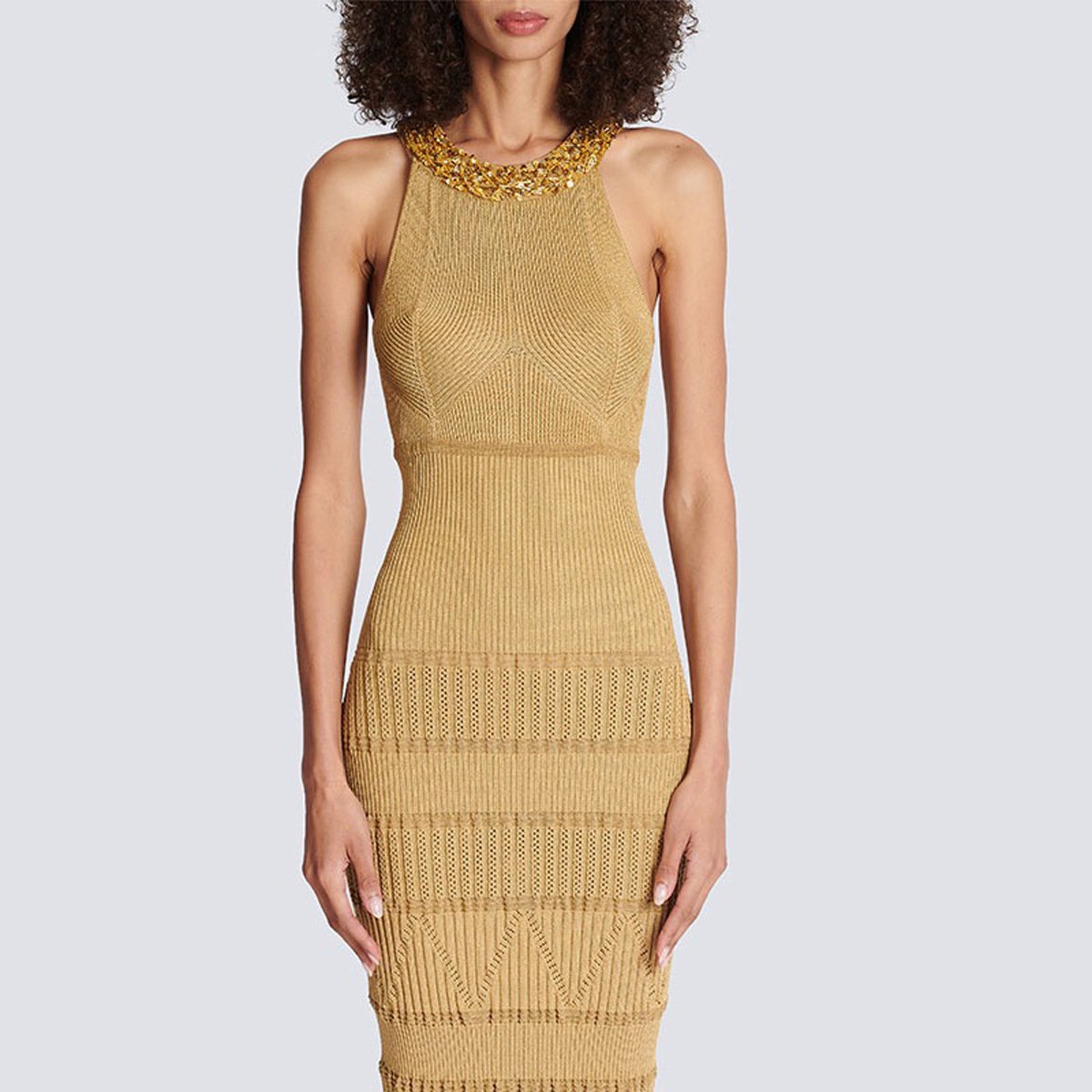 Anika Khaki Beaded Long Knit Dress - ALLARA