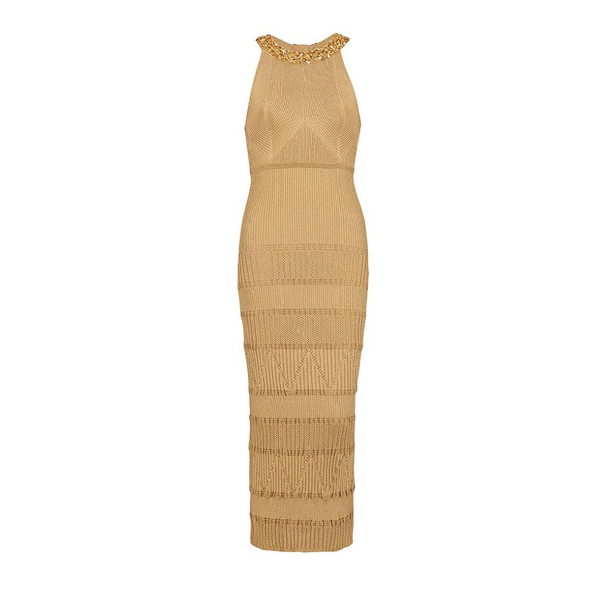 Anika Khaki Beaded Long Knit Dress - ALLARA