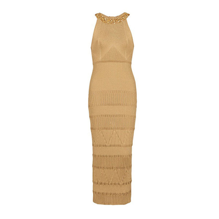 Anika Khaki Beaded Long Knit Dress - ALLARA