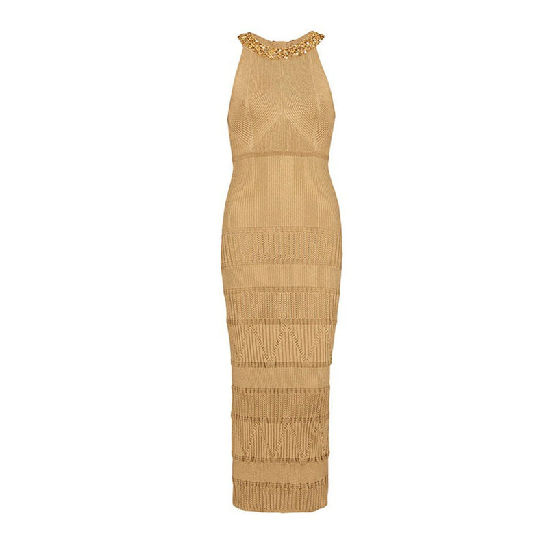 Anika Khaki Beaded Long Knit Dress - ALLARA