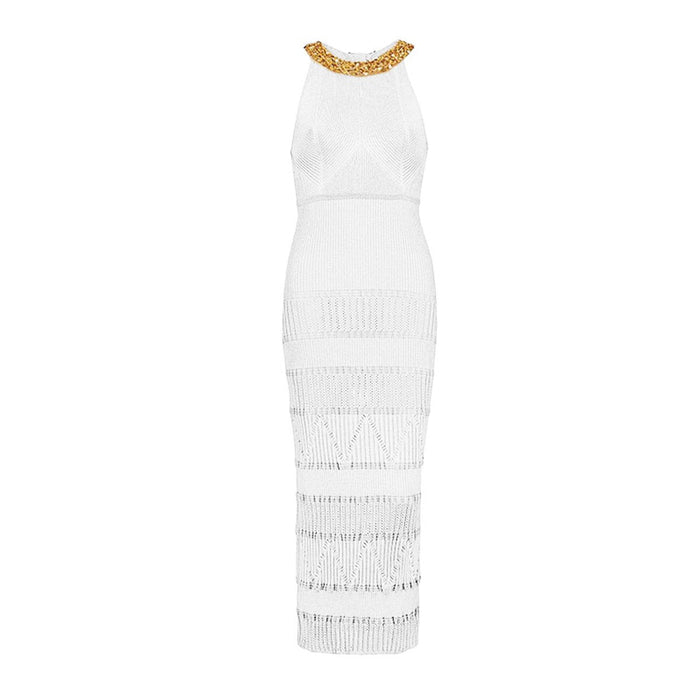 Anika White Beaded Long Knit Dress - ALLARA