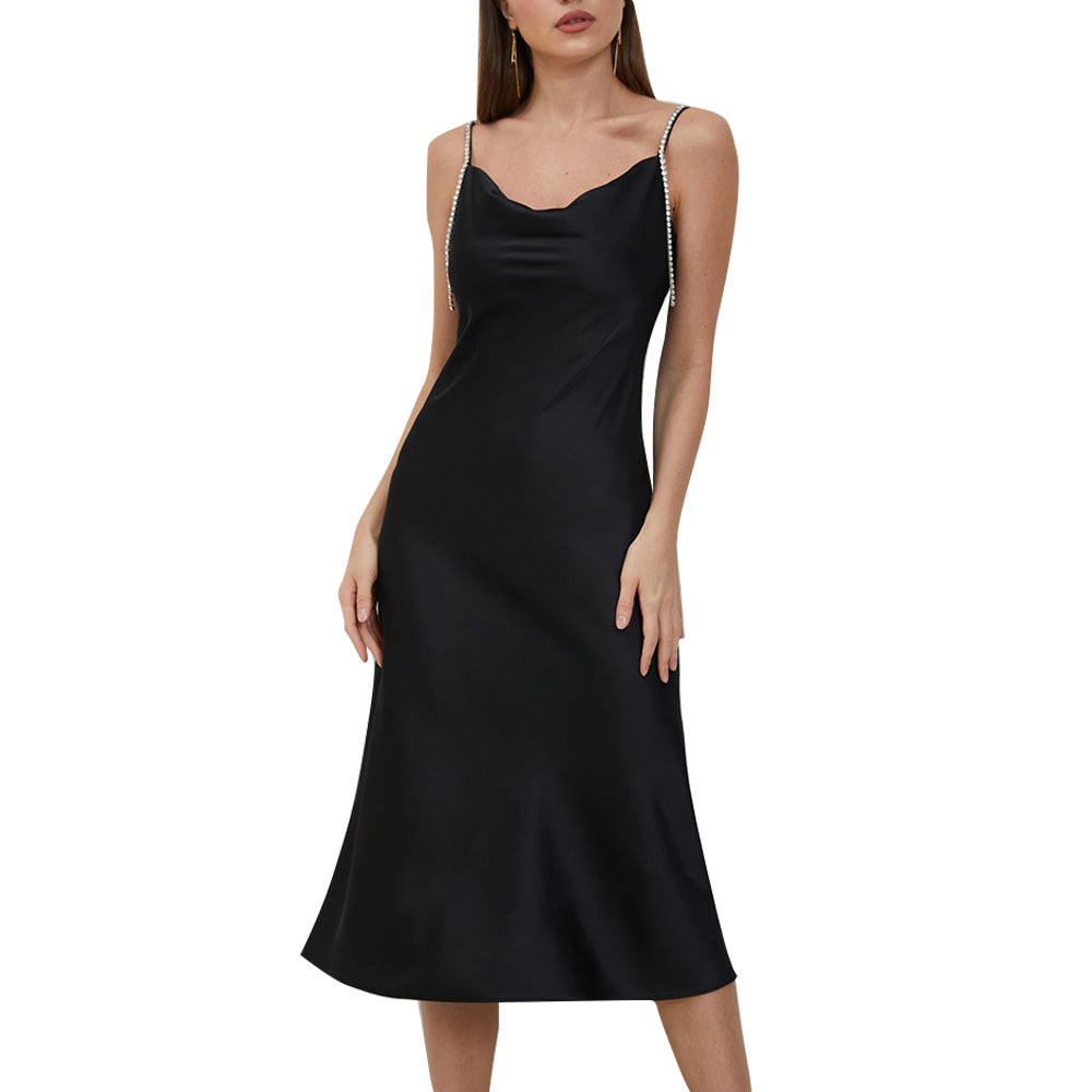 Arielle Black Rhinestone Strap Cowlneck Satin Midi Dress - ALLARA
