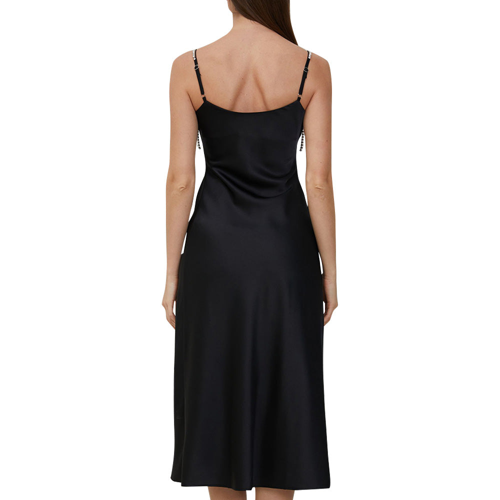 Arielle Black Rhinestone Strap Cowlneck Satin Midi Dress - ALLARA